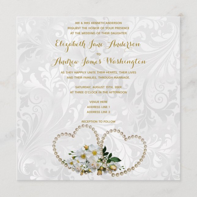 Convite Corações de Pérola e Flores Casamento Damask (Frente)