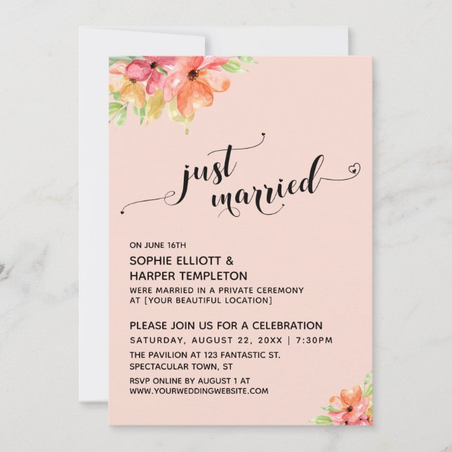 Convite Corações de Recém-Casados Script Blush Flores Boho (Frente)