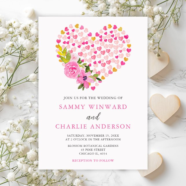 Convite Corações de Rosa e Dourado Casamento de Dia dos Na (Criador carregado)
