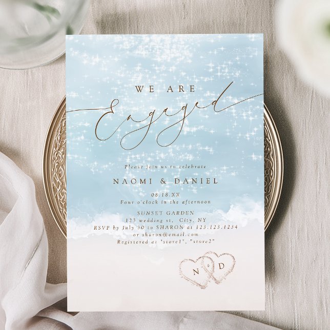 Convite Corações de Script Moderno na Areia da Praia de No (Modern Script Hearts In The Sand Beach Engagement Invitation)