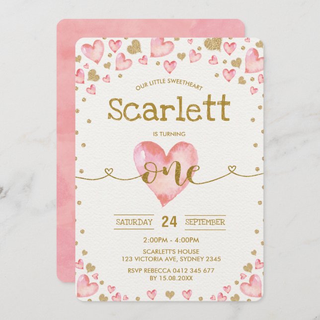 Convite Corações Dourados Cor-de-Rosa, primeiro aniversari (Frente/Verso)