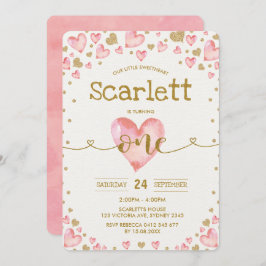 Convite Corações Dourados Cor-de-Rosa, primeiro aniversari