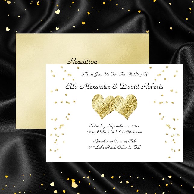 Convite Corações Dourados Elegantes (Elegant Gold Wedding Hearts Invitation With RSVP)