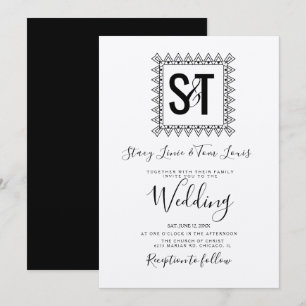 Convite Corações Elegantes & Moldura Preto Branco casament
