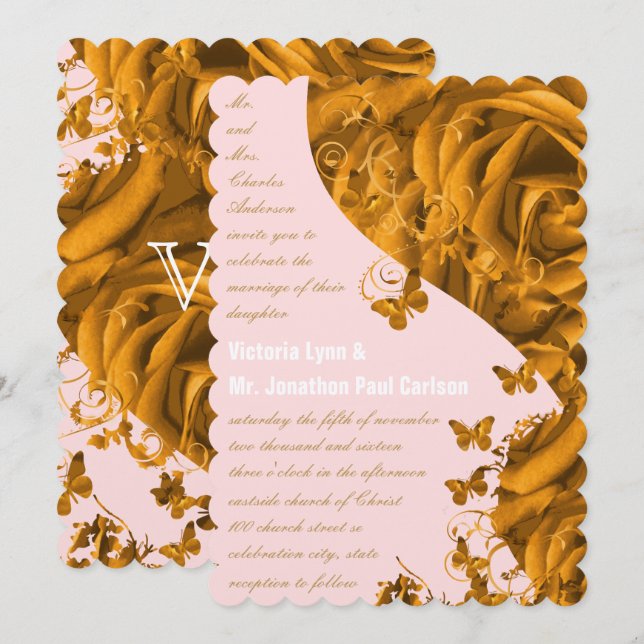 Convite Corações em Rose Gold e Rosas de Casamento (Frente/Verso)