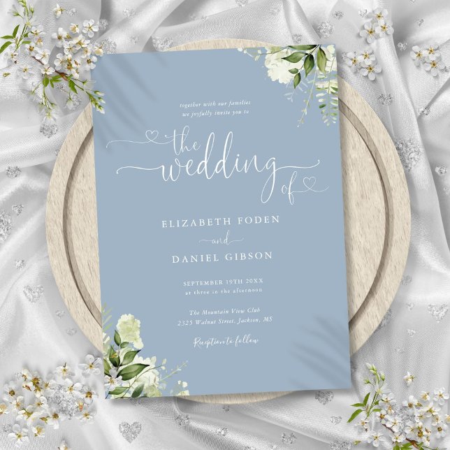 Convite Corações Florais de Verdor Script Casamento Azul E (Greenery Floral Hearts Script Dusty Blue Wedding Invitation)