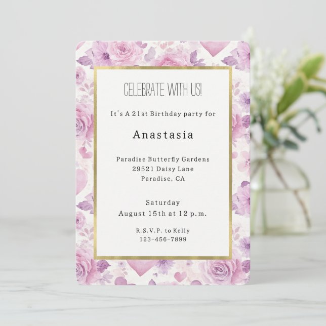 Convite Corações Flores Roxo Rosa Aniversário (Em pé/Frente)