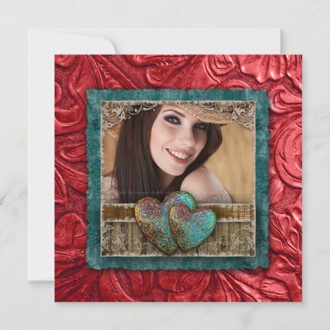 Convite Corações legal da foto do couro ocidental do (Frente)