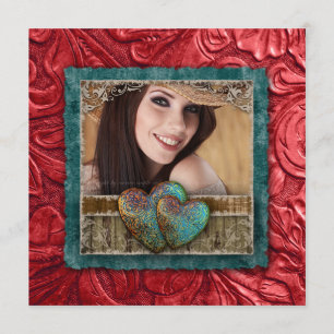 Convite Corações legal da foto do couro ocidental do