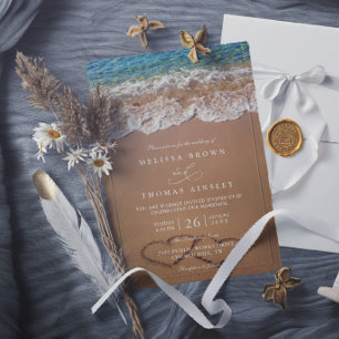 Convite Corações na Areia Verão Praia Casamento Elegante