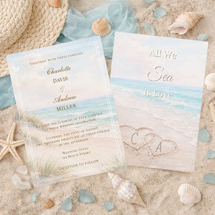Convite Corações na praia areia iniciais casamento