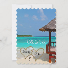 Convite corações na praia casamento noiva noivo convidados