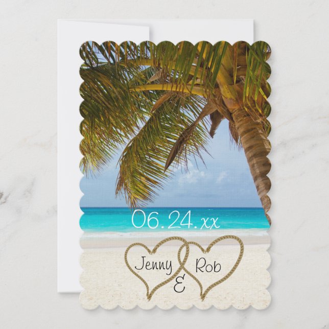 Convite corações na praia casamento noiva noivo convidados (Frente)