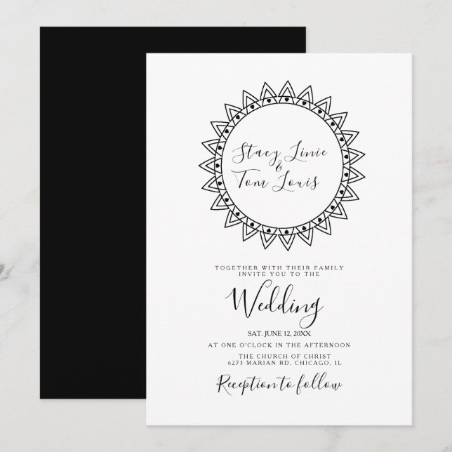 Convite Corações Quadro Circular Preto Branco Casamento (Frente/Verso)