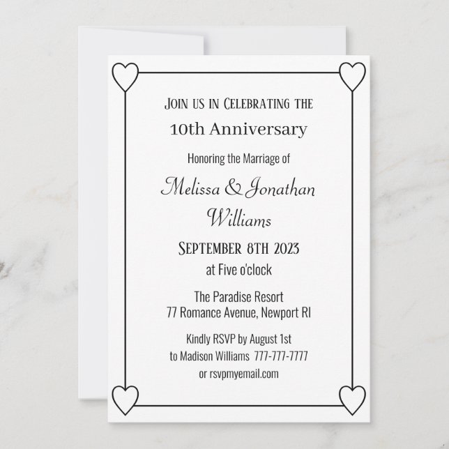 Convite Corações Românticos do Elegante 10.º Aniversário B (Frente)