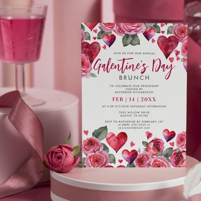 Convite Corações Românticos e Rosas Galentine's Day Brunch (Criador carregado)