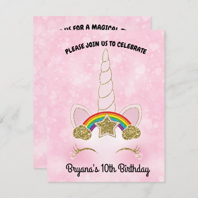 Convite Corações Rosa Arco-íris Dourado Estrela Chifre de  (Frente/Verso)