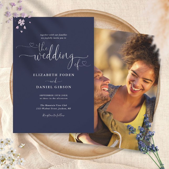 Convite Corações Simples em Azul Marinho Casamento Foto Ro (Criador carregado)
