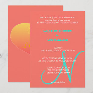 Convite Corações Sunset Monograma Turquesa Coral  