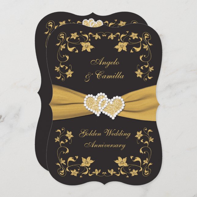 Convite Corações Unidos de 50º Aniversário, Ouro P (Frente/Verso)
