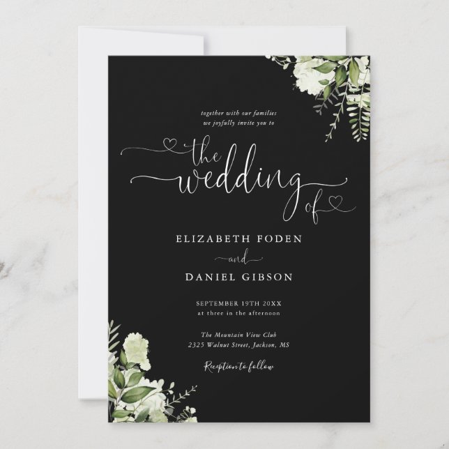 Convite Corações Verdes Script Casamento Preto e Branco (Frente)
