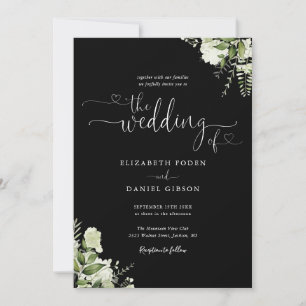 Convite Corações Verdes Script Casamento Preto e Branco