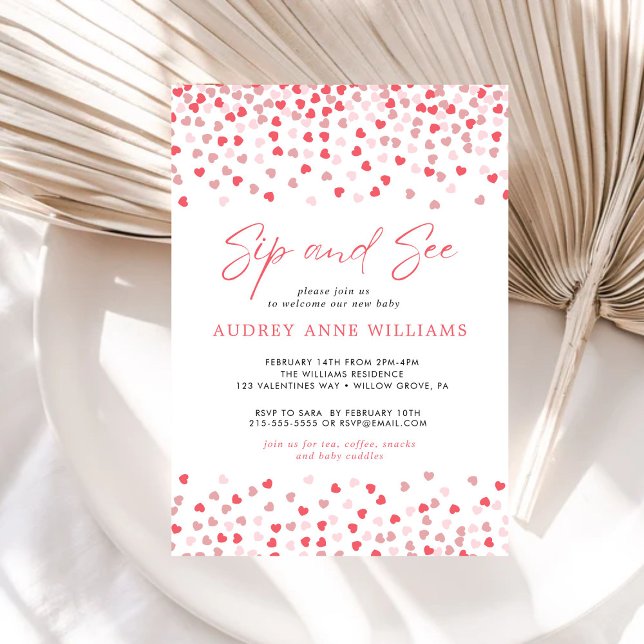 Convite Corações Vermelhos Cor-de-Rosa Moderno Sip and See (Criador carregado)