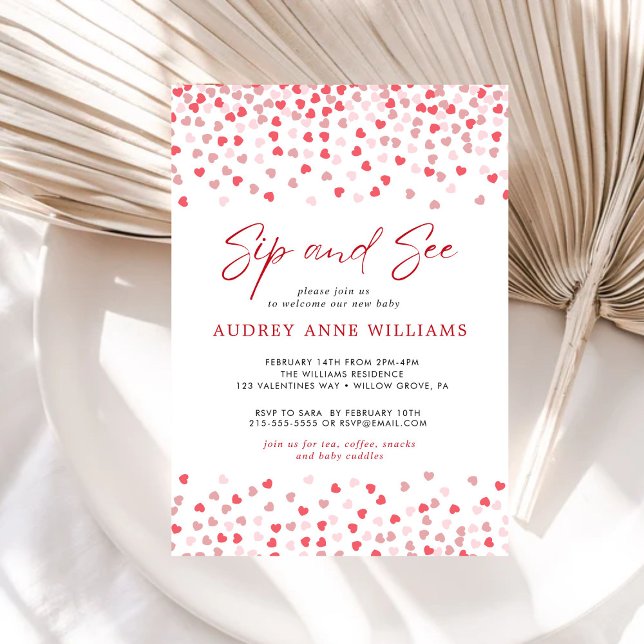 Convite Corações Vermelhos Cor-de-Rosa Moderno Sip and See (Criador carregado)