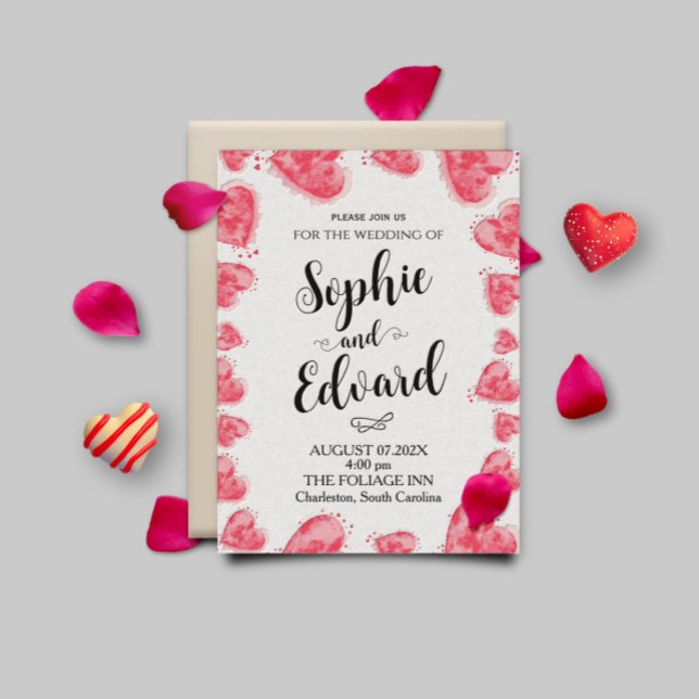 Convite Corações Vermelhos de Aquarela no Casamento Românt (Wedding Invitation 2023 with hearts)