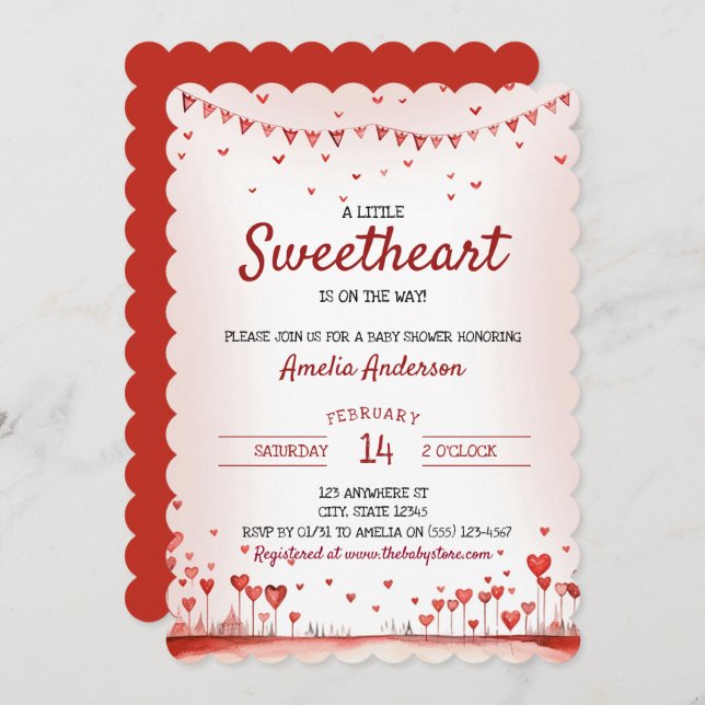 Convite Corações Vermelhos e Rosa Pequeno Chá de fraldas (Frente/Verso)