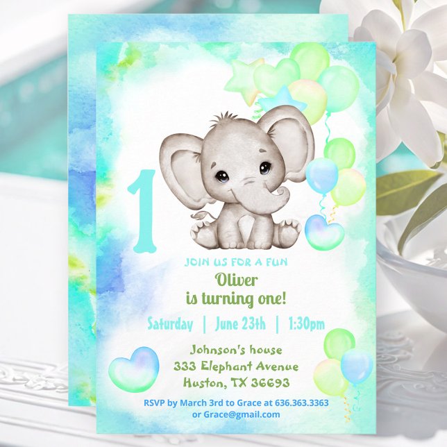 Convite Corajoso Elefante Corajoso 1º Aniversário (Cute Elephant Summer Colorful Boy 1stBirthday Invitation)