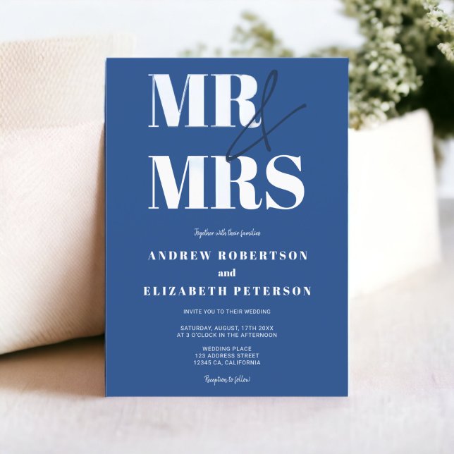 Convite Corajoso moderno, Sr. Script Chic Blue Casado (Modern bold Mr Mrs script chic blue photo wedding Invitation)