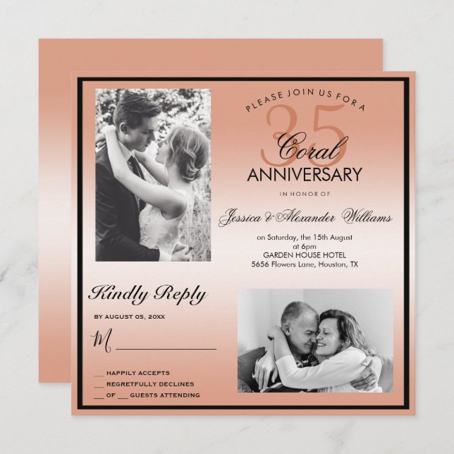 Convite Coral 35ª Foto Dupla do Aniversário de Casamento (Frente/Verso)