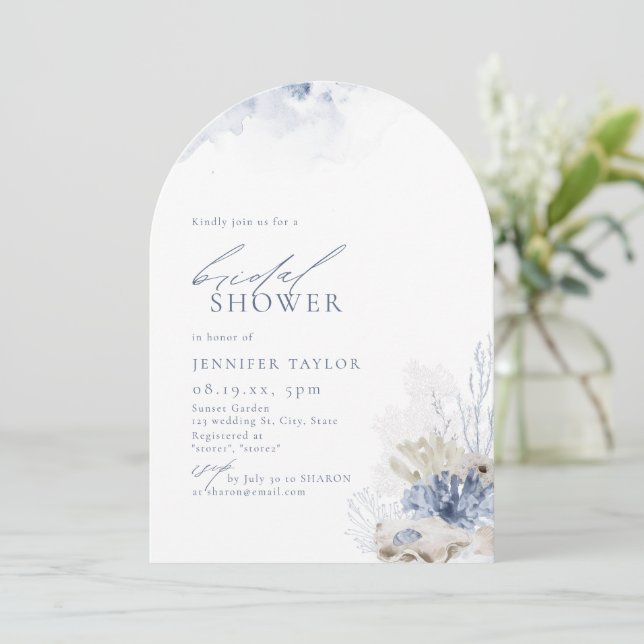 Convite Coral azul e conchas marinhas Chá de panela de pra (Em pé/Frente)