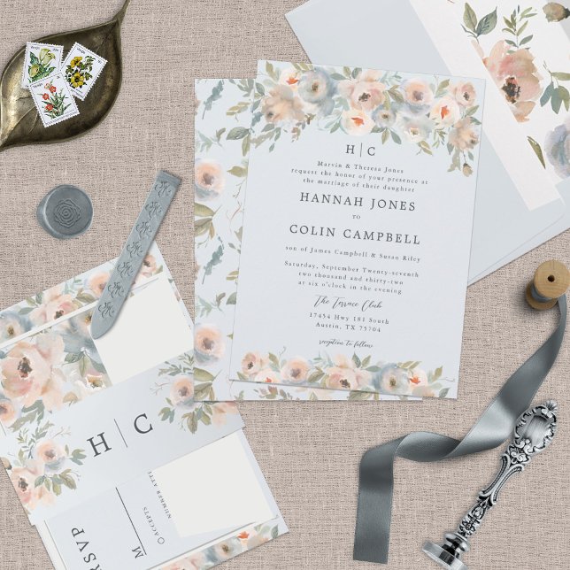 Convite Coral Azul Pêssego Pastel do Jardim de Algodão (Criador carregado)