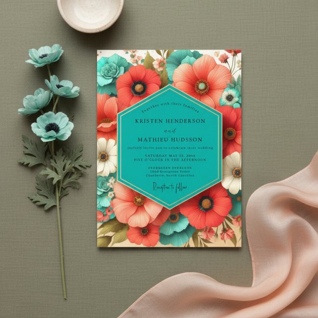 Convite Coral Bloom Romance Wedding (Criador carregado)