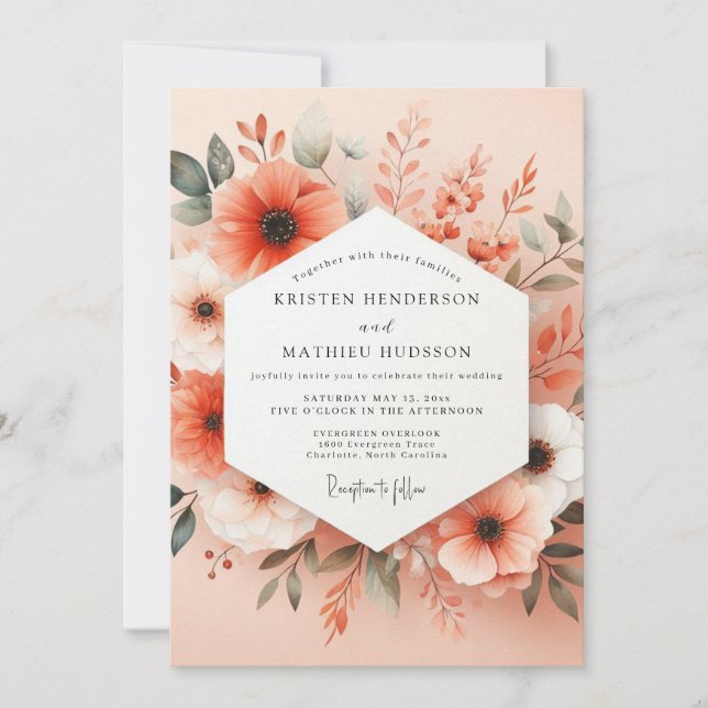 Convite Coral Bloom Romance Wedding (Frente)