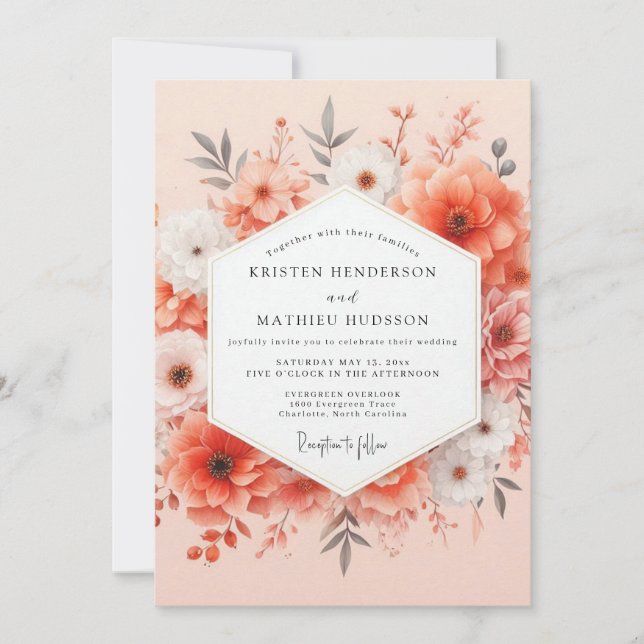 Convite Coral Bloom Romance Wedding (Frente)