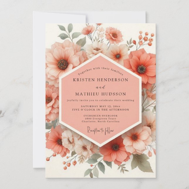 Convite Coral Bloom Romantic Wedding (Frente)