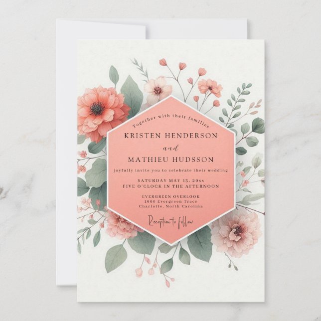 Convite Coral Blossom Bloom Wedding (Frente)