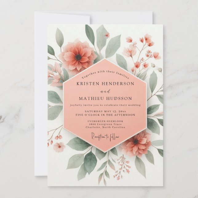 Convite Coral Blossom Botanical Romance Wedding (Frente)