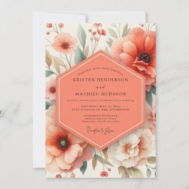 Convite Coral Blossom Romance Wedding (Frente)