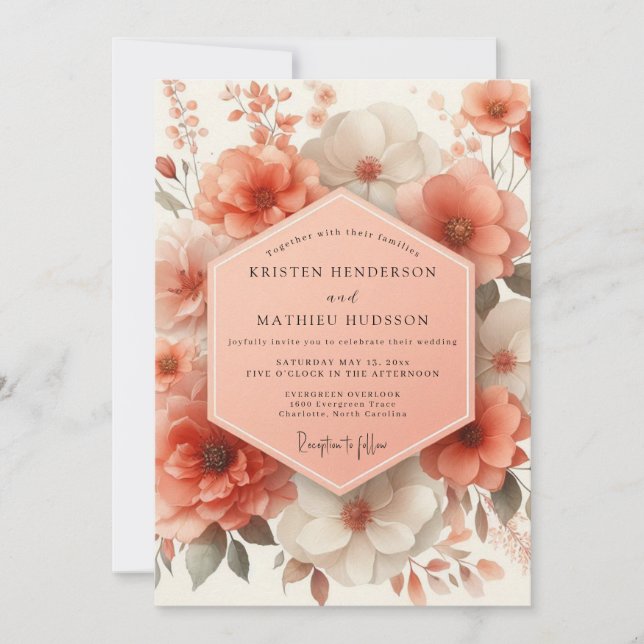 Convite Coral Blossom Romantic Wedding (Frente)