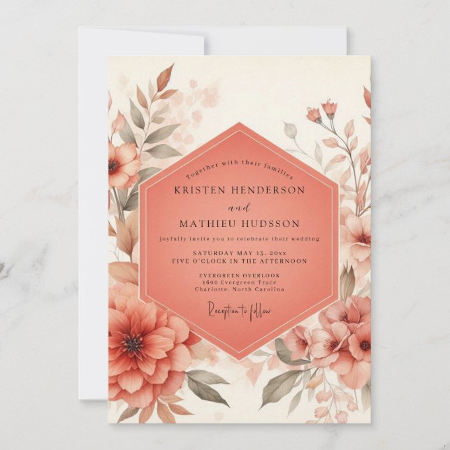 Convite Coral Blossom Rustic Wedding (Frente)