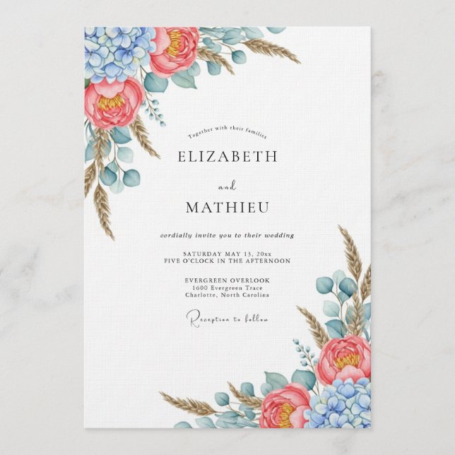 Convite Coral Blue Botanical Flourish Wedding (Frente)
