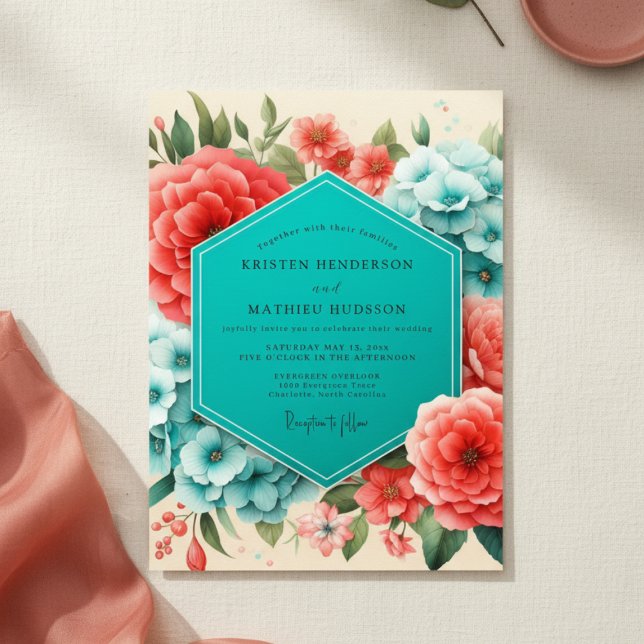 Convite Coral Blue Floral Romance Wedding (Criador carregado)