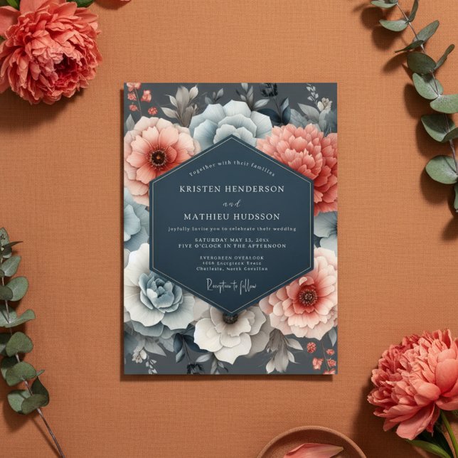 Convite Coral Blue Floral Romance Wedding (Criador carregado)