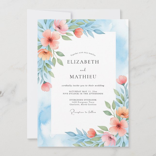 Convite Coral Blue Painterly Botanical Wedding (Frente)