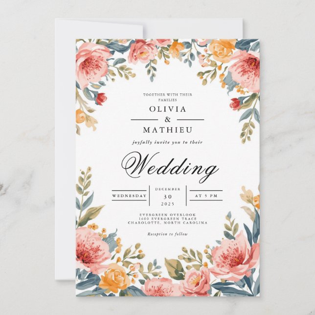 Convite Coral Blush Floral Romance Wedding (Frente)
