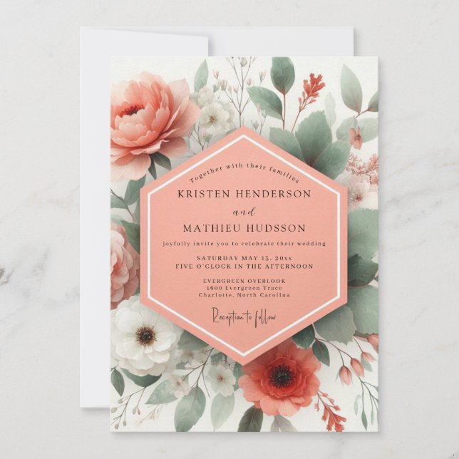 Convite Coral Botanical Elegance Wedding (Frente)